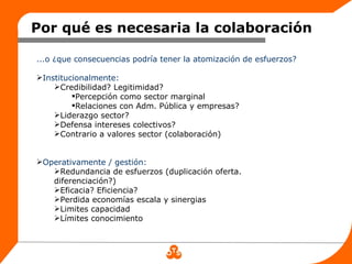 Por qué es necesaria la colaboración

...o ¿que consecuencias podría tener la atomización de esfuerzos?

Institucionalmente:
    Credibilidad? Legitimidad?
         Percepción como sector marginal
         Relaciones con Adm. Pública y empresas?
    Liderazgo sector?
    Defensa intereses colectivos?
    Contrario a valores sector (colaboración)


Operativamente / gestión:
   Redundancia de esfuerzos (duplicación oferta.
   diferenciación?)
   Eficacia? Eficiencia?
   Perdida economías escala y sinergias
   Limites capacidad
   Límites conocimiento
 