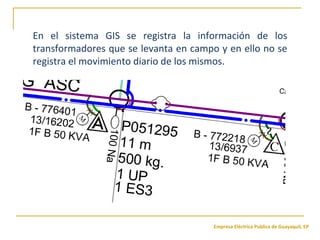Empresa Eléctrica Publica de Guayaquil, EP
En el sistema GIS se registra la información de los
transformadores que se levanta en campo y en ello no se
registra el movimiento diario de los mismos.
 