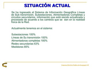 Empresa Eléctrica Publica de Guayaquil, EP
SITUACIÓN ACTUALSITUACIÓN ACTUAL
Se ha ingresado al Sistema de Información Geográfica Líneas
de Sub transmisión, Subestaciones, Alimentadoras Completas y
circuitos secundarios, información que está siendo actualizada y
procesada de acuerdo a los cambios que se dan en la realidad
física de la Red.
Actualmente tenemos en el sistema:
Subestaciones 100%
Líneas de Su transmisión 100%
Alimentadoras completas 100%
Redes secundarias 63%
Medidores 85%
 