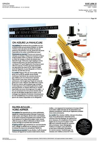 GRAZIA
48 RUE GUYNEMER
92130 ISSY LES MOULINEAUX - 01 41 33 50 00
01/07 JUIN 12
Hebdomadaire Paris
OJD : 179032
Surface approx. (cm²) : 2302
N° de page : 122
Page 4/4
DENTAPASS
4781352300524/GCP/OTO/2
Eléments de recherche : DENTA PASS ou DENTAPASS : kit d'urgence dentaire, toutes citations
DE TENUE IMPECCABLE
ETDE COULEUR ULTRABRILLANTL
ON ASSURE LA MANUCURE
Les options De nombreux kits accessibles aux non-
professionnelles qui permettent d'obtenir un résultat
«institut» pour peu qu'on soit dotée d'un peu de
patience et de precision A la clé, quinzejours de tenue
impeccable et de couleur ultrabrillante par pose '
Comment ca marche? Comme une manucure
classique, ou presque Chaque kit comprend un flacon
de gel acrylique colore, un topcoat, une lampe a UV
et, selon les marques, un flacon de solution pour
dissoudre legel Côté pose, le gel s'applique comme
n'importe quel vernis, qui serait juste séche sous
une lampe à UV après l'application d'une base et avant
celle d'un topcoat Au final, pas besoin d'attendre
une demi-heure les mains en l'air' sitôt les ongles
sortis de l'appareil, on peut décapsuler un Coca ou
chercher ses cles dans son sac
Le verdict Magique' Plus de vernis écaillé, même
apres unecorvéedevaisselleversionfamille
nombreuse Seul bémol, des cuticules de plus en
plus visibles au fur et a mesure de la repousse
Maîs comme il vaut mieux retirer le gel apres
quinze jours, c'est le signal que l'heure est venue de
passer par la case «dépose» des différentes couches.
Et qu'on se rassure, après quèlques bugs constatés
a cette étape pour les premières générations de gels
semi-permanents, on obtient désormais un resultat
impeccable, sans aucun dommage pour les ongles si
l'on suit strictement les instructions données dans le
kit (pas de décollage sauvage dans le métro, ni de
trempage trop long dans la solution). Linvestissement
est vite rentabilisé pour les vernistas, d'autant que le
spectredecouleurs disponibles va ens'élargissant
Jt
BeautyNails
Soution
fOURDISSOUDK
IBFAUXONSB
^
PALPER-ROULER...
VOIRE ASPIRER
Les options Des appareils plus ou moins sophistiqués,
équipes de rouleaux permettant d'attraper la peau pour
la faire rouler, voire l'aspirer, afin de créer un ph tissulaire
et de casser en douceur les graisses sous-cutanées. Le but
de la manœuvre' Le même qu'un palper-rouler manuel'
raffermir la peau et affiner la silhouette en faisant reculer
la peau d'orange et en perdant des centimètres
A quoi ca sert? A agir précisément sur une zone donnée
pour y déloger la cellulite tout en relançant la circulation,
en drainant les tissus et en assouplissant l'epiderme.
Comment ca marche? Un jeu d'enfant, il suffit de passer
l'embout de l'appareil sur la zone à traiter (ventre, fesses,
mollets...) en respectant le mouvement et le temps indique
sur la notice. L'idéal reste bien sûr de s'astreindre a une
utilisation quotidienne, renforcée par l'application préalable
d'une crème amincissante.
Le verdict Des resultats visibles, maîs pas miraculeux.
Faute d'une alimentation raisonnee et d'un
minimum d'activité physique, les capitons font
de la résistance. En complément d'une bonne
hygiène de vie, les pros du palper-rouler
high-tech à domicile tiennent en revanche
leurs promesses tissus désengorges,
meilleure circulation, peau plus ferme
et plus lisse et silhouette remodelée
Ici, comme souvent, l'assiduité paye les
résultats sont visibles au bout de 2 mois
PEAU
D
'ORANGE
KILLERS
»box, LPG. 999 €
 