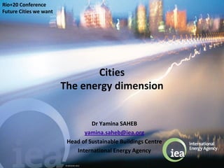 Rio+20 Conference
Future Cities we want




                               Cities
                        The energy dimension


                                  Dr Yamina SAHEB
                               yamina.saheb@iea.org
                         Head of Sustainable Buildings Centre
                            International Energy Agency

                        © OECD/IEA 2012
 