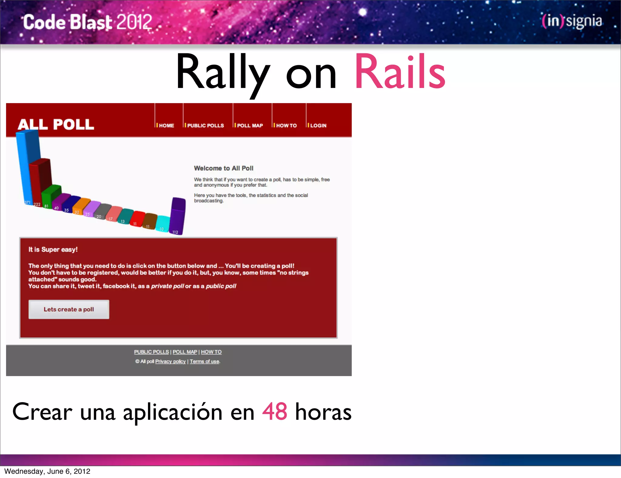 Rally on Rails




  Crear una aplicación en 48 horas

Wednesday, June 6, 2012
 