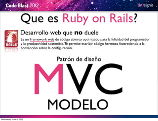 Que es Ruby on Rails?
                    Desarrollo web que no duele
                    Es un Framework web de código abierto optimizado para la felicidad del programador
                    y la productividad sostenible. Te permite escribir código hermoso favoreciendo a la
                    convención sobre la conﬁguración.




                          MVC
                                           Patrón de diseño




                                    MODELO
Wednesday, June 6, 2012
 