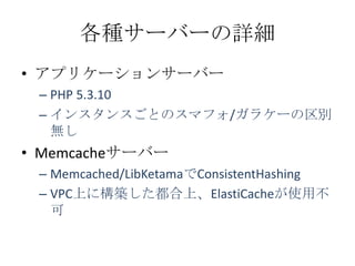 各種サーバーの詳細
&bull; アプリケーションサーバー
 &ndash; PHP 5.3.10
 &ndash; インスタンスごとのスマフォ/ガラケーの区別
   無し
&bull; Memcacheサーバー
 &ndash; Memcached/LibKetamaでConsistentHashing
 &ndash; VPC上に構築した都合上、ElastiCacheが使用不
   可
 