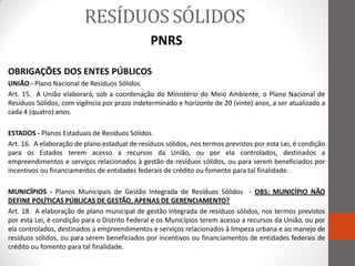 RESÍDUOS SÓLIDOS
                                               PNRS

OBRIGAÇÕES DOS ENTES PÚBLICOS
UNIÃO - Plano Nacional de Resíduos Sólidos
Art. 15. A União elaborará, sob a coordenação do Ministério do Meio Ambiente, o Plano Nacional de
Resíduos Sólidos, com vigência por prazo indeterminado e horizonte de 20 (vinte) anos, a ser atualizado a
cada 4 (quatro) anos.

ESTADOS - Planos Estaduais de Resíduos Sólidos
Art. 16. A elaboração de plano estadual de resíduos sólidos, nos termos previstos por esta Lei, é condição
para os Estados terem acesso a recursos da União, ou por ela controlados, destinados a
empreendimentos e serviços relacionados à gestão de resíduos sólidos, ou para serem beneficiados por
incentivos ou financiamentos de entidades federais de crédito ou fomento para tal finalidade.

MUNICÍPIOS - Planos Municipais de Gestão Integrada de Resíduos Sólidos - OBS: MUNICÍPIO NÃO
DEFINE POLÍTICAS PÚBLICAS DE GESTÃO, APENAS DE GERENCIAMENTO?
Art. 18. A elaboração de plano municipal de gestão integrada de resíduos sólidos, nos termos previstos
por esta Lei, é condição para o Distrito Federal e os Municípios terem acesso a recursos da União, ou por
ela controlados, destinados a empreendimentos e serviços relacionados à limpeza urbana e ao manejo de
resíduos sólidos, ou para serem beneficiados por incentivos ou financiamentos de entidades federais de
crédito ou fomento para tal finalidade.
 