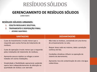 RESÍDUOS SÓLIDOS
               GERENCIAMENTO DE RESÍDUOS SÓLIDOS
                          (COMO FAZER?)



    RESÍDUOS SÓLIDOS URBANOS:
      1. COLETA REGULAR E SELETIVA;
      2. TRATAMENTO E DISPOSIÇÃO FINAL:
            ATERRO SANITÁRIO:

                    VANTAGENS                                             DESVANTAGENS
-    Custo de Investimento é muito menor que o           -   Não trata os resíduos, consistindo em uma forma
     requerido para outras formas de tratamento de           de armazenamento no solo;
     resíduos;
                                                         -   Requer áreas cada vez maiores, dada a produção
-    Custo de operação é muito menor que o requerido         continua de lixo;
     pelas instalações de tratamento de resíduos;
                                                         -   Condições climáticas influem na operação do
-    Apresenta poucos rejeitos ou refugos a serem            sistema de aterramento;
     tratados em outras instalações;
                                                         -   Apresenta risco de contaminação do solo e da água
-    Simplicidade e flexibilidade operacional, podendo       subterrânea.
     operar bem independentemente da alteração na
     quantidade de resíduo a ser aterrado
 