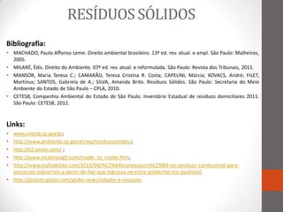 RESÍDUOS SÓLIDOS
Bibliografia:
• MACHADO, Paulo Affonso Leme. Direito ambiental brasileiro. 13ª ed. rev. atual. e ampl. São Paulo: Malheiros,
  2005.
• MILARÉ, Édis. Direito do Ambiente. 07ª ed. rev. atual. e reformulada. São Paulo: Revista dos Tribunais, 2011.
• MANSOR, Maria Teresa C.; CAMARÃO, Teresa Cristina R. Costa; CAPELINI, Márcia; KOVACS, André; FILET,
  Martinus; SANTOS, Gabriela de A.; SILVA, Amanda Brito. Resíduos Sólidos. São Paulo: Secretaria do Meio
  Ambiente do Estado de São Paulo – CPLA, 2010.
• CETESB, Companhia Ambiental do Estado de São Paulo. Inventário Estadual de resíduos domiciliares 2011.
  São Paulo: CETESB, 2012.



Links:
• www.cetesb.sp.gov.br;
• http://www.ambiente.sp.gov.br/wp/residuossolidos/;
• http://e2-series.com/ ;
• http://www.mcdonough.com/cradle_to_cradle.htm;
• http://www.mafiadolixo.com/2011/04/%C2%B4tiranossauro%C2%B4-vai-produzir-combustivel-para-
  processos-industriais-a-partir-do-lixo-que-ingressa-na-estre-ambiental-em-paulinia/;
• http://globotv.globo.com/globo-news/cidades-e-solucoes
 