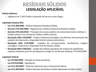 RESÍDUOS SÓLIDOS
                           LEGISLAÇÃO APLICÁVEL
Notícia Histórica:
   • Inglaterra em 1.338: Proibiu o descarte de lixo em cursos d’água.

Legislação Estadual (SP):
   • Lei nº12.300/2006 – Política Estadual de Resíduos Sólidos
   • Decreto nº54.645/2009 – Regulamenta a Política Estadual de Resíduos Sólidos
   • Decreto nº55.565/2010 – Prestação de serviços públicos de saneamento básico relativos à
       limpeza urbana e ao manejo de resíduos sólidos urbanos
   • Resolução SMA nº50/2007 - Projeto Ambiental Estratégico Lixo Mínimo, licenciamento dos
       projetos de tratamento e disposição final de resíduos domiciliares
   • Resolução SMA nº75/2008 - unidades de armazenamento, transferência, triagem,
       reciclagem, tratamento e disposição final de resíduos sólidos
   • Resolução SMA nº38/2011 - relação de produtos geradores de resíduos de significativo
       impacto ambiental, para fins do disposto no artigo 19, do Decreto Estadual nº 54.645/2009

Legislação Federal:
   • Lei nº9.966/2000 – Poluição em áreas portuárias
   • Lei nº9.974/2000 – Agrotóxicos
   • Lei nº11.445/2007 – Diretrizes Nacionais para o Saneamento Básico
   • Lei nº12.305/2010 – Política Nacional de Resíduos Sólidos (Deputado Arnaldo Jardim)
 