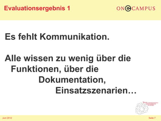 Evaluationsergebnis 1



  Es fehlt Kommunikation.

  Alle wissen zu wenig über die
   Funktionen, über die
          Dokumentation,
              Einsatzszenarien…

Juni 2012                         Seite 7
 