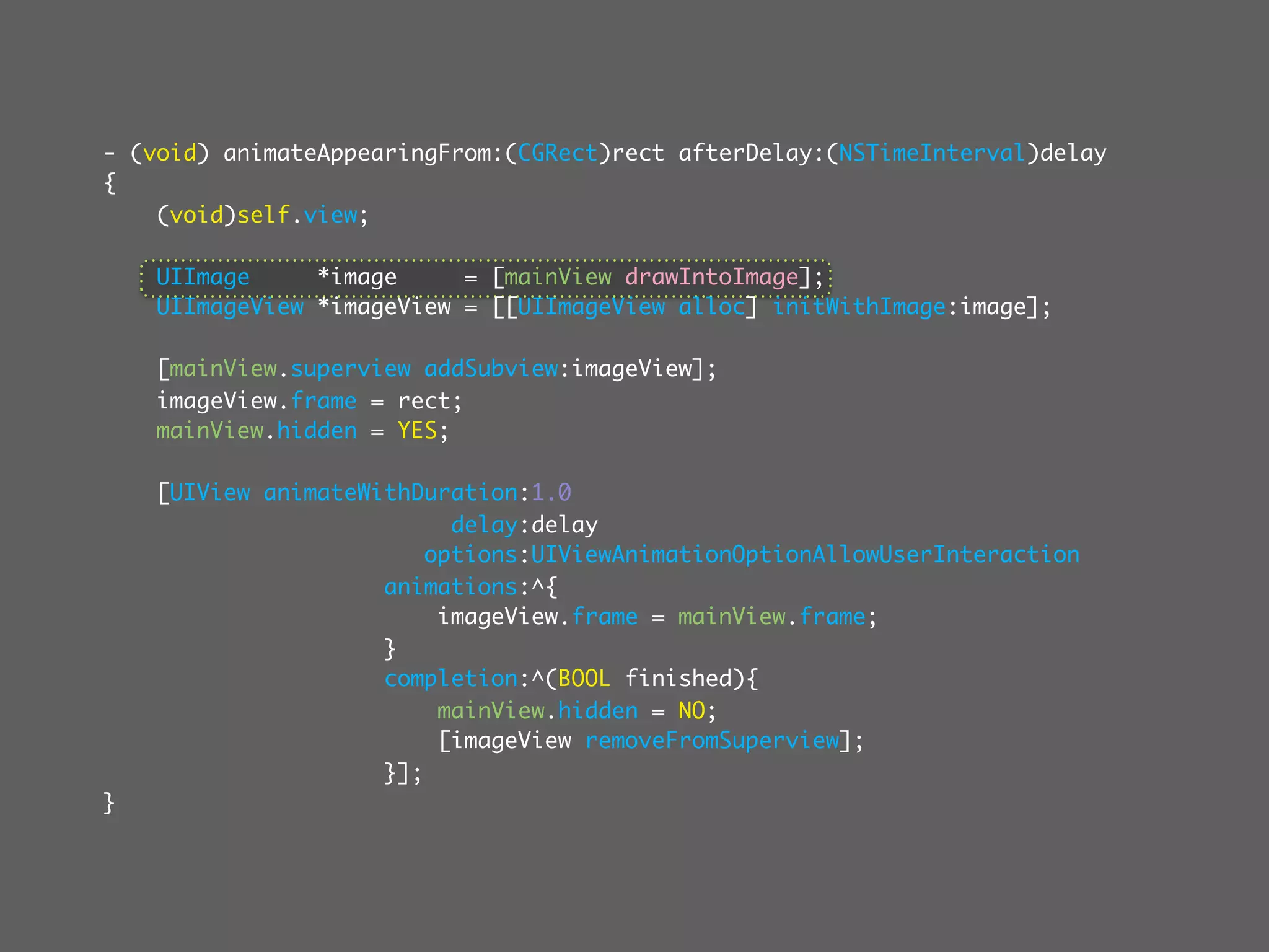 - (void) animateAppearingFrom:(CGRect)rect afterDelay:(NSTimeInterval)delay
{
    (void)self.view;

    UIImage     *image     = [mainView drawIntoImage];
    UIImageView *imageView = [[UIImageView alloc] initWithImage:image];

    [mainView.superview addSubview:imageView];
    imageView.frame = rect;
    mainView.hidden = YES;

    [UIView animateWithDuration:1.0
                           delay:delay
                         options:UIViewAnimationOptionAllowUserInteraction
                     animations:^{
                          imageView.frame = mainView.frame;
                     }
                     completion:^(BOOL finished){
                          mainView.hidden = NO;
                          [imageView removeFromSuperview];
                     }];
}
 
