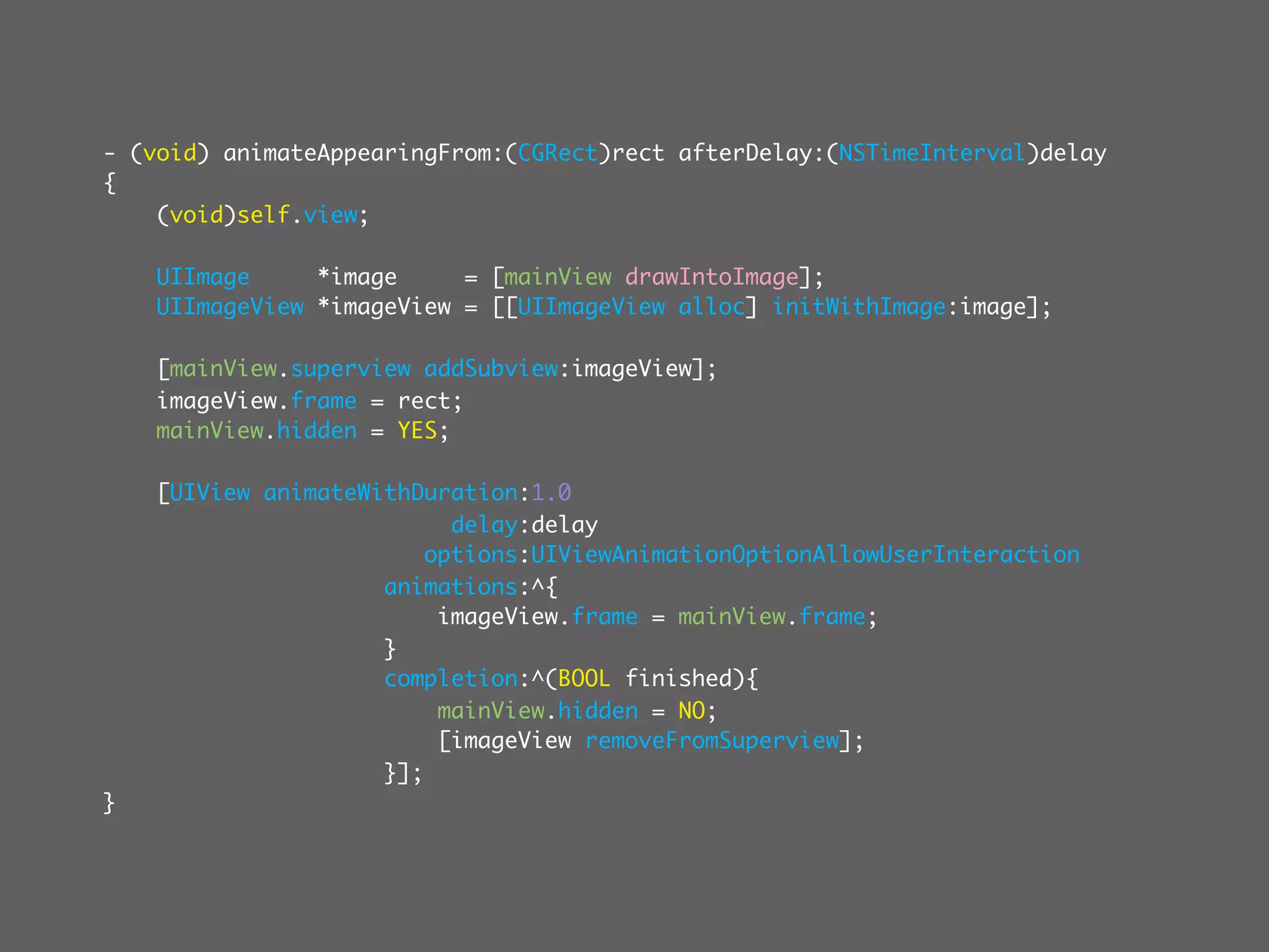 - (void) animateAppearingFrom:(CGRect)rect afterDelay:(NSTimeInterval)delay
{
    (void)self.view;

    UIImage     *image     = [mainView drawIntoImage];
    UIImageView *imageView = [[UIImageView alloc] initWithImage:image];

    [mainView.superview addSubview:imageView];
    imageView.frame = rect;
    mainView.hidden = YES;

    [UIView animateWithDuration:1.0
                           delay:delay
                         options:UIViewAnimationOptionAllowUserInteraction
                     animations:^{
                          imageView.frame = mainView.frame;
                     }
                     completion:^(BOOL finished){
                          mainView.hidden = NO;
                          [imageView removeFromSuperview];
                     }];
}
 
