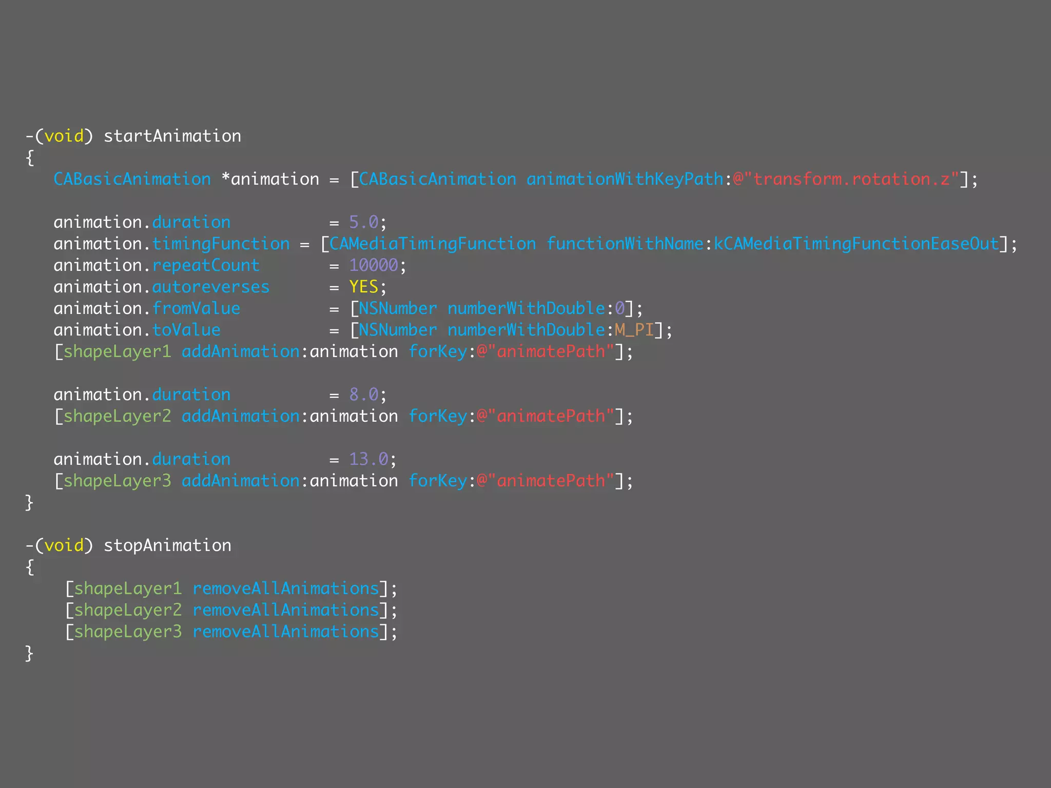 -(void) startAnimation
{
	 CABasicAnimation *animation = [CABasicAnimation animationWithKeyPath:@"transform.rotation.z"];

	   animation.duration          = 5.0;
	   animation.timingFunction = [CAMediaTimingFunction functionWithName:kCAMediaTimingFunctionEaseOut];
	   animation.repeatCount       = 10000;
	   animation.autoreverses      = YES;
	   animation.fromValue         = [NSNumber numberWithDouble:0];
	   animation.toValue           = [NSNumber numberWithDouble:M_PI];
	   [shapeLayer1 addAnimation:animation forKey:@"animatePath"];

	   animation.duration          = 8.0;
	   [shapeLayer2 addAnimation:animation forKey:@"animatePath"];

	   animation.duration          = 13.0;
	   [shapeLayer3 addAnimation:animation forKey:@"animatePath"];
}

-(void) stopAnimation
{
    [shapeLayer1 removeAllAnimations];
    [shapeLayer2 removeAllAnimations];
    [shapeLayer3 removeAllAnimations];
}
 
