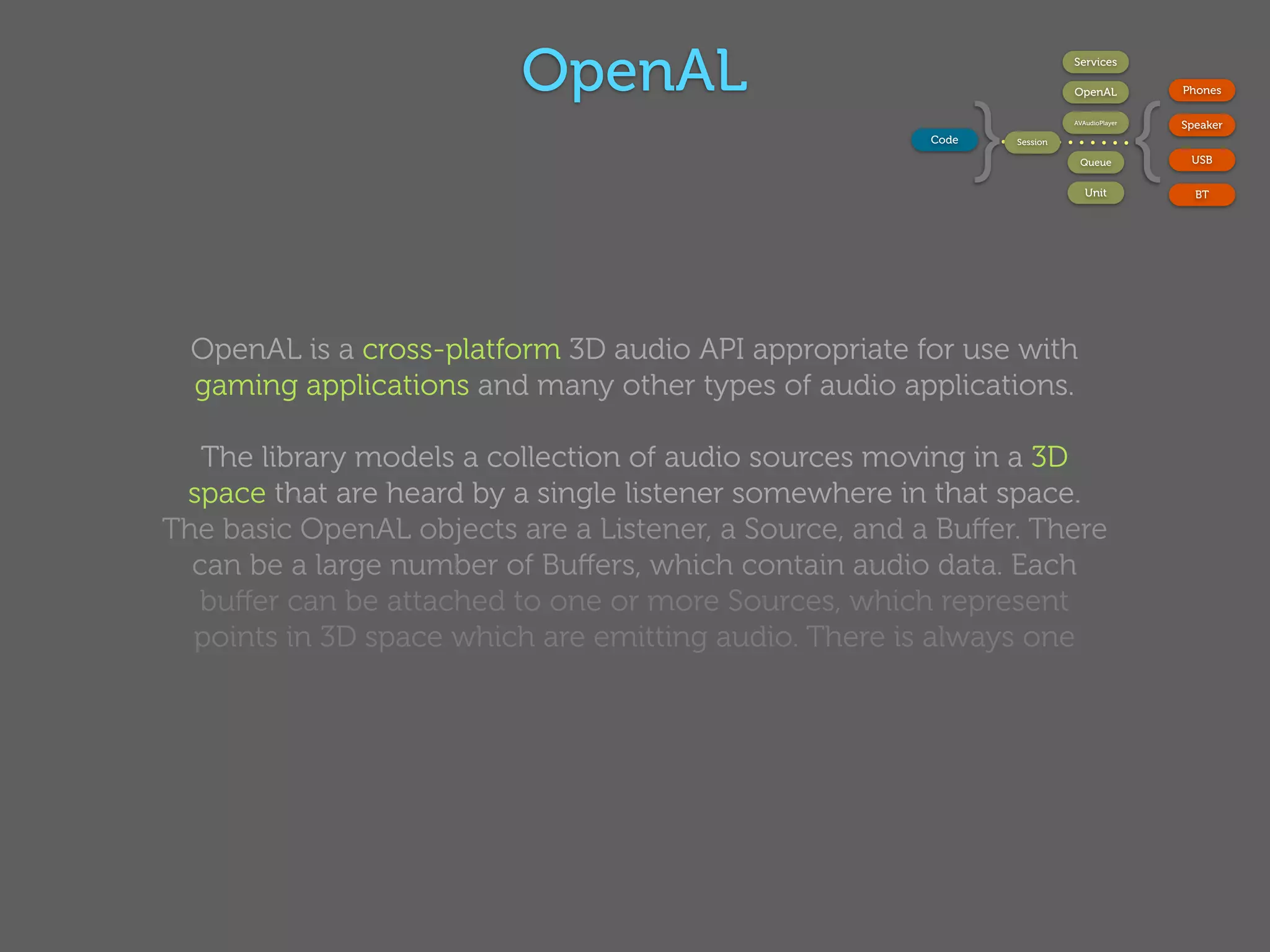 OpenAL                                             Services




                                                               }                             {
                                                                             OpenAL              Phones

                                                                             AVAudioPlayer
                                                                                                 Speaker
                                                        Code       Session

                                                                              Queue               USB

                                                                                Unit               BT




  OpenAL is a cross-platform 3D audio API appropriate for use with
  gaming applications and many other types of audio applications.

   The library models a collection of audio sources moving in a 3D
 space that are heard by a single listener somewhere in that space.
The basic OpenAL objects are a Listener, a Source, and a Buﬀer. There
  can be a large number of Buﬀers, which contain audio data. Each
  buﬀer can be attached to one or more Sources, which represent
  points in 3D space which are emitting audio. There is always one
  Listener object (per audio context), which represents the position
      where the sources are heard -- rendering is done from the
                      perspective of the Listener.
 