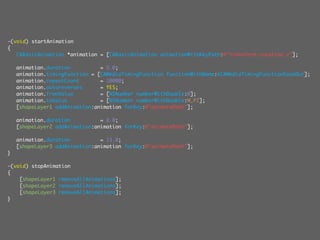 -(void) startAnimation
{
	 CABasicAnimation *animation = [CABasicAnimation animationWithKeyPath:@"transform.rotation.z"];

	   animation.duration          = 5.0;
	   animation.timingFunction = [CAMediaTimingFunction functionWithName:kCAMediaTimingFunctionEaseOut];
	   animation.repeatCount       = 10000;
	   animation.autoreverses      = YES;
	   animation.fromValue         = [NSNumber numberWithDouble:0];
	   animation.toValue           = [NSNumber numberWithDouble:M_PI];
	   [shapeLayer1 addAnimation:animation forKey:@"animatePath"];

	   animation.duration          = 8.0;
	   [shapeLayer2 addAnimation:animation forKey:@"animatePath"];

	   animation.duration          = 13.0;
	   [shapeLayer3 addAnimation:animation forKey:@"animatePath"];
}

-(void) stopAnimation
{
    [shapeLayer1 removeAllAnimations];
    [shapeLayer2 removeAllAnimations];
    [shapeLayer3 removeAllAnimations];
}
 