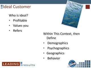 Who is ideal?
• Profitable
• Values you
• Refers
Ideal Customer
Within This Context, then
Define
• Demographics
• Psychographics
• Geographics
• Behavior
 
