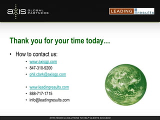 STRATEGIES & SOLUTIONS TO HELP CLIENTS SUCCEED
Thank you for your time today…
• How to contact us:
• www.axisgp.com
• 847-310-9200
• phil.clark@axisgp.com
• www.leadingresults.com
• 888-717-1715
• info@leadingresults.com
 
