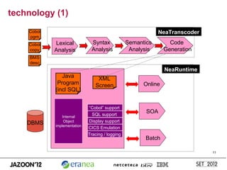 technology (1)
    Cobol                                                    NeaTranscoder
    pgm
    Cobol   Lexical           Syntax             Semantics        Code
    copy    Analysis          Analysis            Analysis      Generation
     BMS
     desc
                                                                NeaRuntime
               Java              XML
             Program            Screen                 Online
            (incl SQL)


                             “Cobol” support
                               SQL support
                                                        SOA
                Internal
    DBMS         Object      Display support
            implementation
                             CICS Emulation
                             Tracing / logging
                                                       Batch

                                                                             11
 