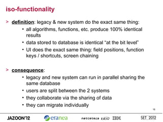 iso-functionality
> definition: legacy & new system do the exact same thing:
      • all algorithms, functions, etc. produ...