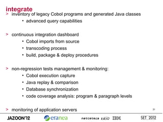 integrate
> inventory of legacy Cobol programs and generated Java classes
       • advanced query capabilities


> continu...