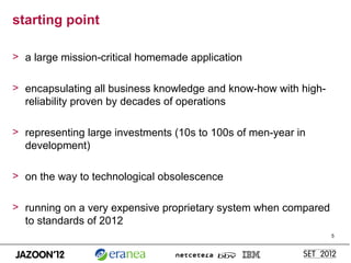 starting point

> a large mission-critical homemade application

> encapsulating all business knowledge and know-how with ...