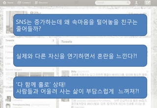 SNS는 증가하는데 왜 속마음을 털어놓을 친구는
줄어들까?



실제와 다른 자신을 연기하면서 혼란을 느낀다?!




„다 함께 홀로‟ 상태!
사람들과 어울려 사는 삶이 부담스럽게 느껴져?!
 