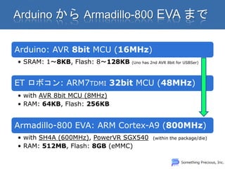 Arduino: AVR 8bit MCU (16MHz)
• SRAM: 1～8KB, Flash: 8～128KB   (Uno has 2nd AVR 8bit for USBSer)




ET ロボコン: ARM7TDMI 32bit MCU (48MHz)
• with AVR 8bit MCU (8MHz)
• RAM: 64KB, Flash: 256KB


Armadillo-800 EVA: ARM Cortex-A9 (800MHz)
• with SH4A (600MHz), PowerVR SGX540      (within the package/die)
• RAM: 512MB, Flash: 8GB (eMMC)
 
