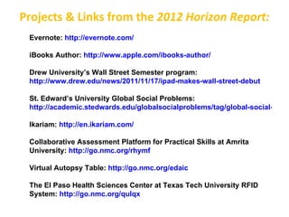 Projects & Links from the 2012 Horizon Report:
 Evernote: http://evernote.com/

 iBooks Author: http://www.apple.com/ibooks-author/

 Drew University’s Wall Street Semester program:
 http://www.drew.edu/news/2011/11/17/ipad-makes-wall-street-debut

 St. Edward’s University Global Social Problems:
 http://academic.stedwards.edu/globalsocialproblems/tag/global-social-probl

 Ikariam: http://en.ikariam.com/

 Collaborative Assessment Platform for Practical Skills at Amrita
 University: http://go.nmc.org/rhymf

 Virtual Autopsy Table: http://go.nmc.org/edaic

 The El Paso Health Sciences Center at Texas Tech University RFID
 System: http://go.nmc.org/qulqx
 
