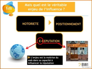 NOTORIETE                    POSITIONNEMENT




             E-REPUTATION




      L’enjeu est la maitrise du
   web dans sa capacité à
   influencer la réputation
 