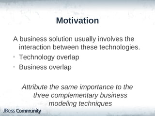 Motivation

A business solution usually involves the
  interaction between these technologies.

  Technology overlap

  Business overlap

  Attribute the same importance to the
       three complementary business
            modeling techniques
 
