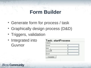 Form Builder

•   Generate form for process / task
•   Graphically design process (D&D)
•   Triggers, validation
•   Integrated into
    Guvnor
 