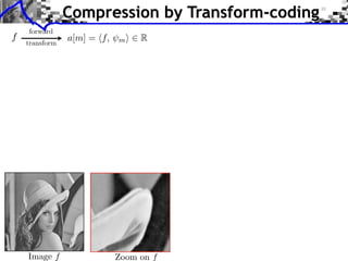 Compression by Transform-coding
    forward
f
    transform
                a[m] = ⇥f,   m⇤   R




    Image f                  Zoom on f
 