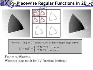 Piecewise Regular Functions in 2D




    Theorem:     If f is C outside a set of ﬁnite length edge curves,
                             O(M    1/2
                                       ) (Fourier),
           ||f    fM || =
                      2
                             O(M    1
                                      ) (wavelets).

Fourier    Wavelets.
Wavelets: same result for BV functions (optimal).
 