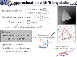 Approximation with Triangulation
                                    Vertices V = {vi }M .
Triangulation (V, F):                                 i=1
                                    Faces F     {1, . . . , M }3 .
                                                   M
Piecewise linear approximation: fM =                       m ⇥m
                                                   m=1
            = argmin ||f                µm ⇥m ||
                     µ
                                    m
   ⇥m (vi ) =   m
                i    is a ne on each face of F.

Theorem:
 There exists (V, F) such that                 Regular areas:
                                            M/2 equilateral triangles.
                                2
      ||f    fM ||       Cf M
                                                                     1/2
                                                               M
Optimal (V, F): NP-hard.
                                                                           Singular areas:
Provably good greedy schemes:                      M     1/2                M/2 anisotropic triangles.
    [Mirebeau, Cohen, 2009]
 