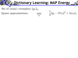 Dictionary Learning: MAP Energy
Set of (noisy) exemplars {yk }k .
                                    1
Sparse approximation:         min     ||yk   Dxk || + ||xk ||1
                                                  2
                               xk   2
 