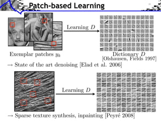 Patch-based Learning

                       Learning D



Exemplar patches yk                      Dictionary D
                                     [Olshausen, Fields 1997]
 State of the art denoising [Elad et al. 2006]



                      Learning D



  Sparse texture synthesis, inpainting [Peyr´ 2008]
                                            e
 