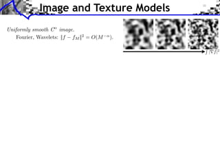 Image and Texture Models
Uniformly smooth C image.
    Fourier, Wavelets: ||f fM ||2 = O(M   ).

                                               | f |2
 