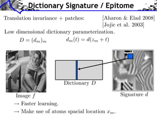 Dictionary Signature / Epitome
                             5.2. Inﬂuence of the Size of the Patches
  Translation invariance + patches:          [Aharon & Elad 2008]
                            The size of the patches seem to play an im
                                             [Jojic et al. 2003]
                         the visual aspect of the epitome. We illustra
  Low dimensional dictionary parameterization. of epitome of siz
                         an experiment where pairs
        D = (dm )m       learned withd(zm + t)
                            dm (t) = different sizes of patches.




                               Dictionary D

        Image Barbara
Lena, Boat and f                                           Signature d
          Faster learning.
                           Figure 6. Pairs of epitomes of width 46 obtained
          Make use of atoms spacial location xm .
ative and quantitative     width 6, 8, 9, 10 and 12. All other parameters are
 