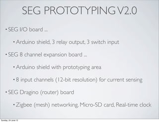 SEG PROTOTYPING V2.0
    • SEG            I/O board ...

            • Arduino       shield, 3 relay output, 3 switch input

    • SEG            8 channel expansion board ...

            • Arduino       shield with prototyping area

            •8       input channels (12-bit resolution) for current sensing

    • SEG            Dragino (router) board

            • Zigbee       (mesh) networking, Micro-SD card, Real-time clock

Sunday, 24 June 12
 