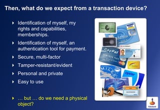 Then, what do we expect from a transaction device?

   Identification of myself, my
    rights and capabilities,
    memb...