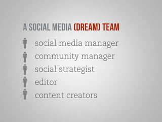 a social media (dream) team 
social media manager 
community manager 
social strategist 
editor 
content creators 
 