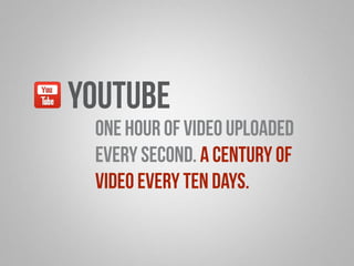 YouTube 
one hour of video uploaded 
every second. A century of 
video every ten days. 
 