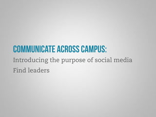 Communicate across campus: 
Introducing the purpose of social media 
Find leaders 
 