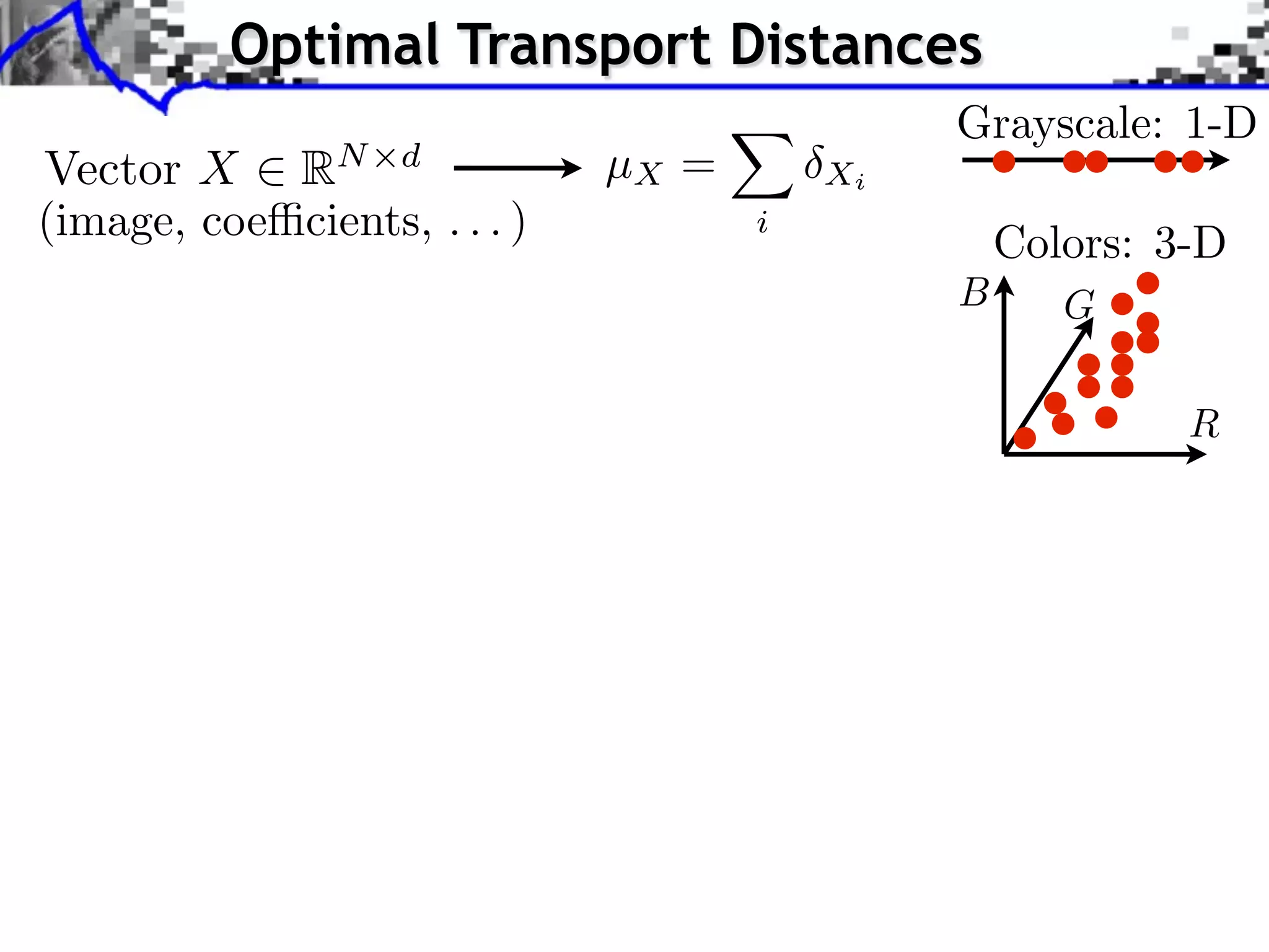 Optimal Transport Distances
                                              Grayscale: 1-D
Vector X RN d                 µX =       Xi
(image, coe cients, . . . )          i
                                                  Colors: 3-D
                                              B      G

                                                           R
 