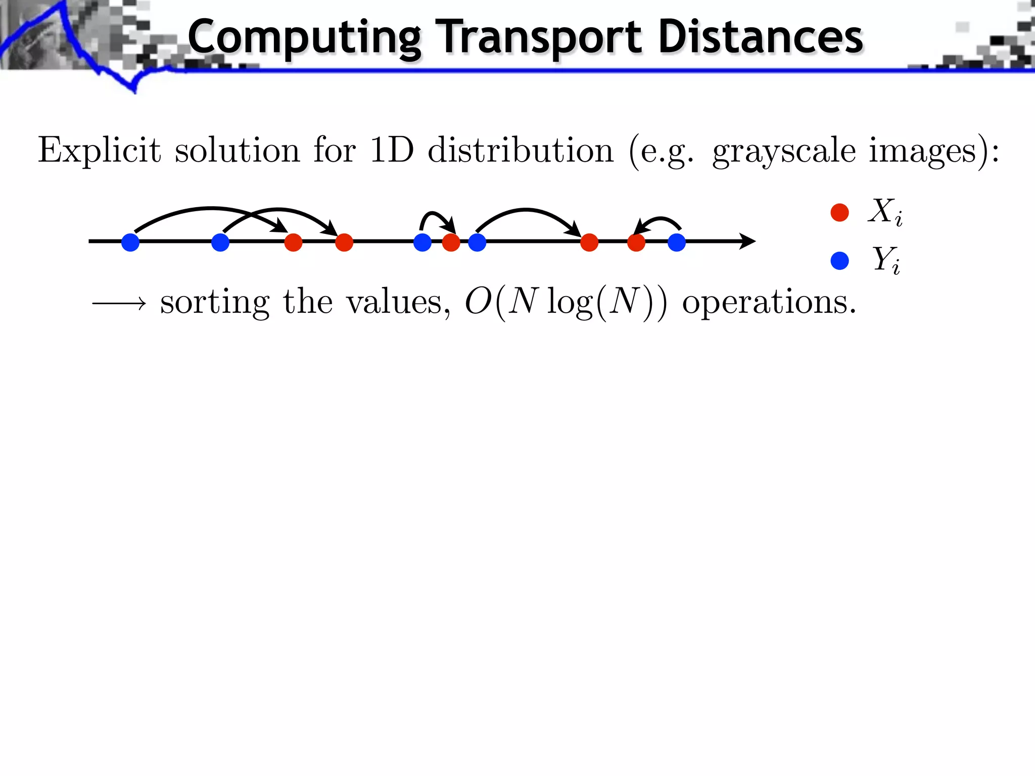 Computing Transport Distances

Explicit solution for 1D distribution (e.g. grayscale images):
                                                      Xi
                                                      Yi
       sorting the values, O(N log(N )) operations.
 