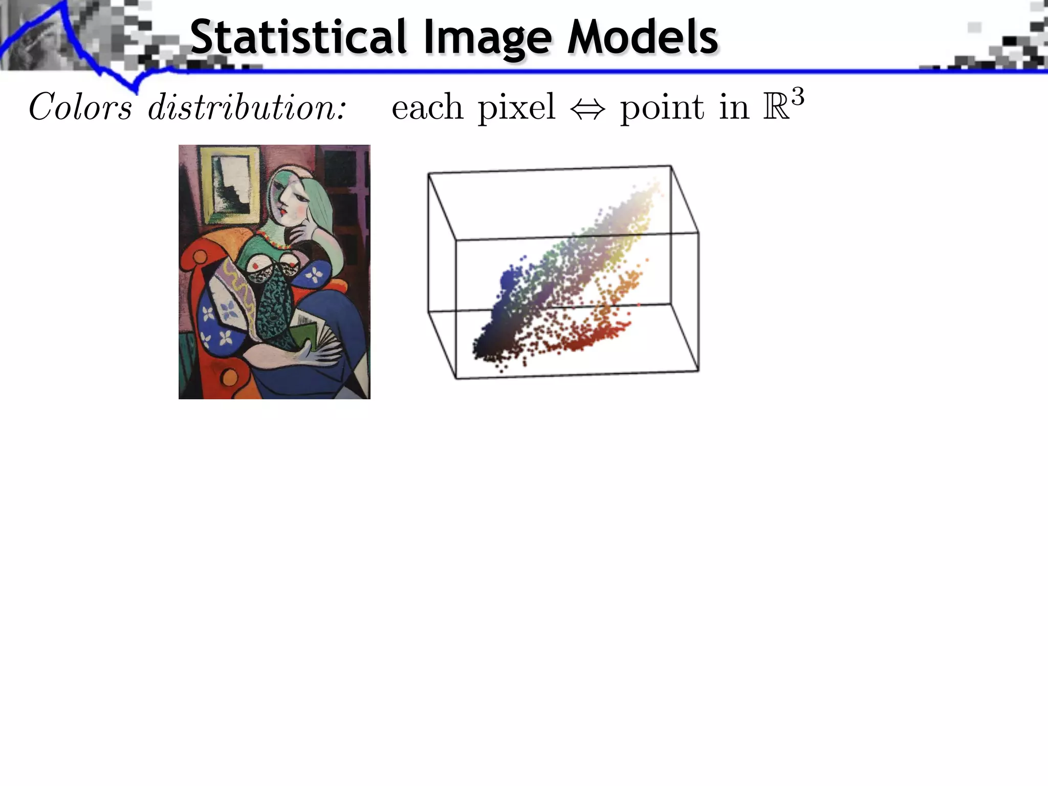 Statistical Image Models
Colors distribution: ) each pixel
         Source image (X                           point in R3




                                        Source image after color transfer

          Style image (Y )

                             J. Rabin   Wasserstein Regularization
 