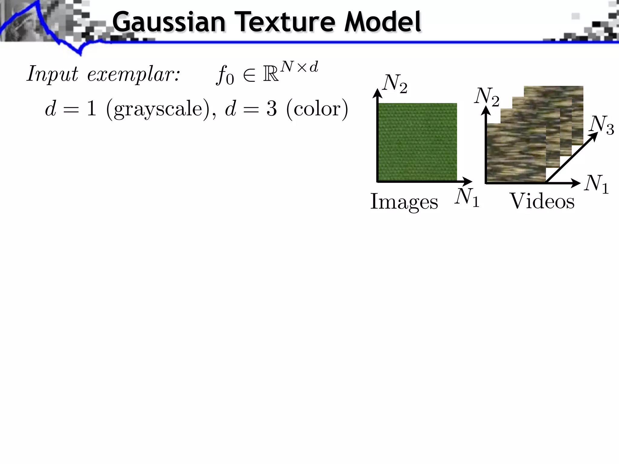 Gaussian Texture Model
Input exemplar:   f0   RN   d
                                    N2
                                            N2
 d = 1 (grayscale), d = 3 (color)
                                                          N3

                                                          N1
                                    Images N1    Videos
 