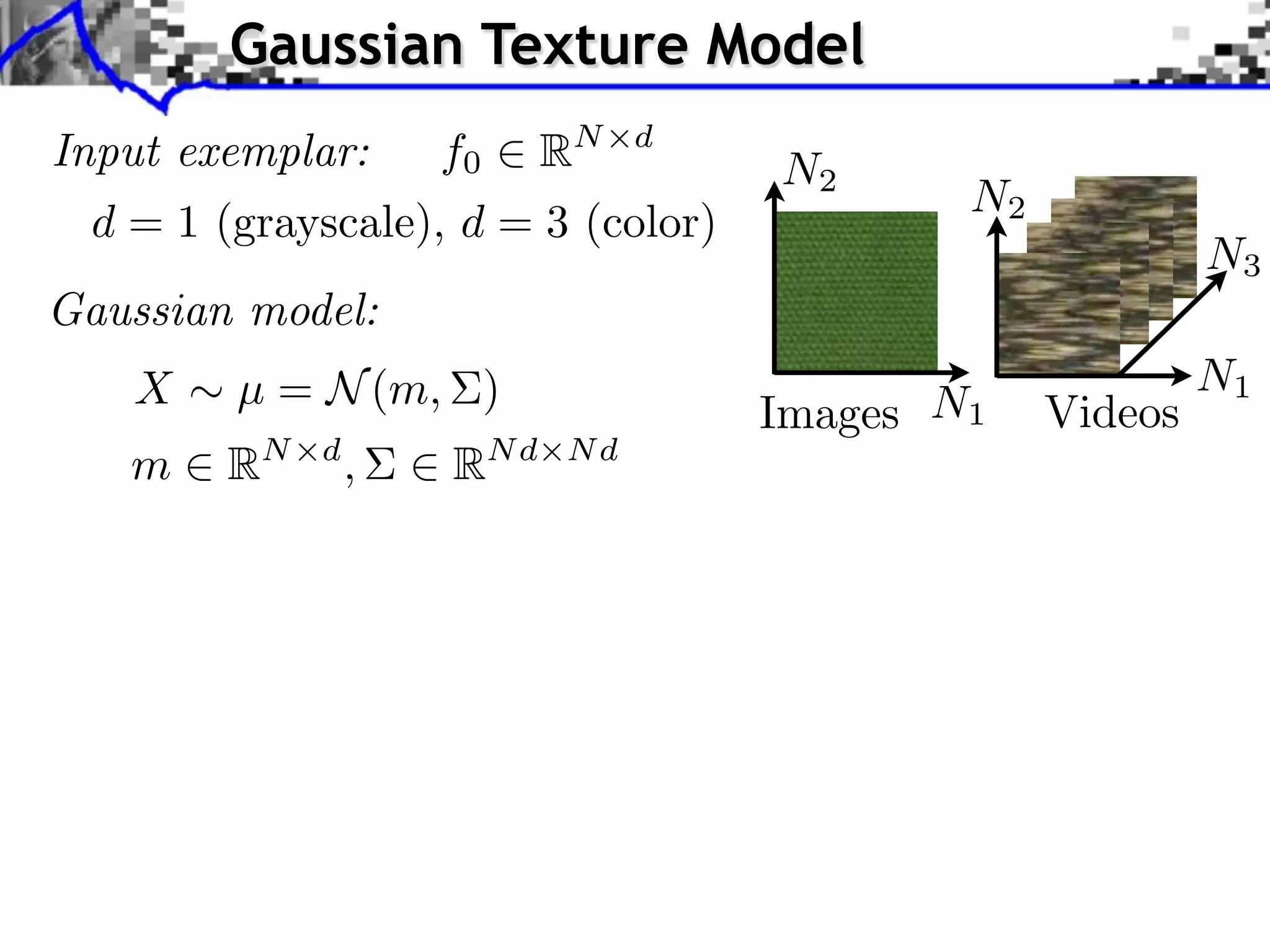 Gaussian Texture Model
Input exemplar:      f0     RN   d
                                     N2
                                             N2
  d = 1 (grayscale), d = 3 (color)
                                                           N3
Gaussian model:
    X    µ = N (m, )                                       N1
                                     Images N1    Videos
    m   RN   d
                 ,   RN d   Nd
 