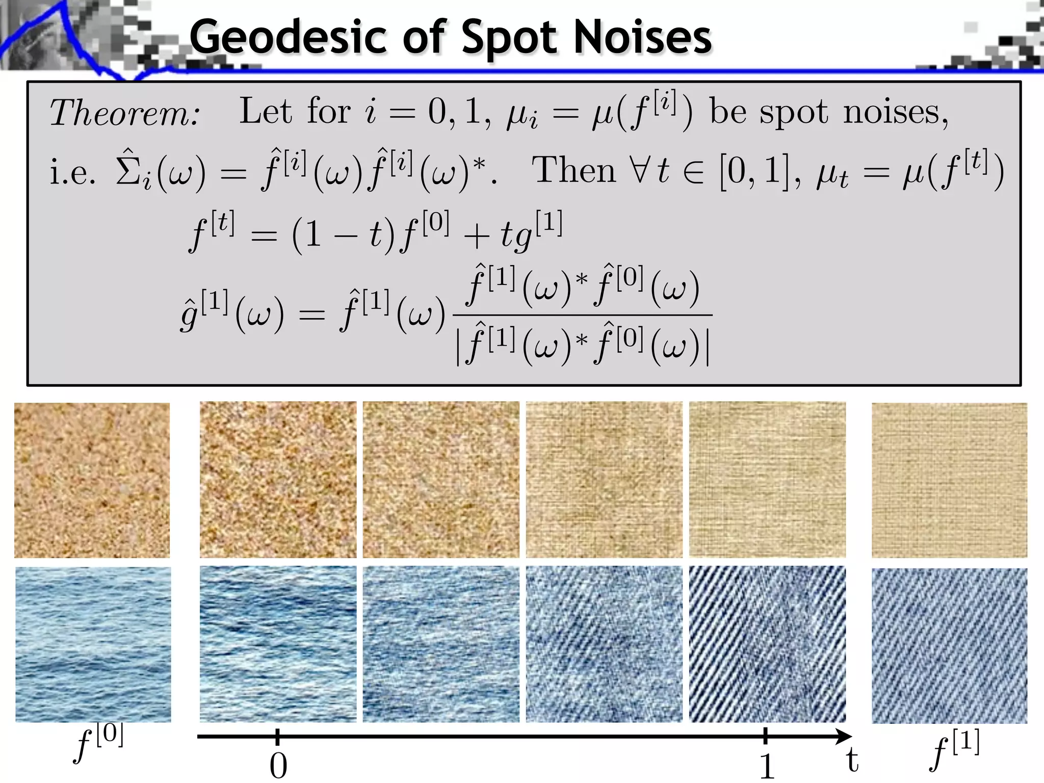 Geodesic of Spot Noises
Theorem: Let for i = 0, 1, µi = µ(f [i] ) be spot noises,
               ˆ        ˆ
i.e. ˆ i ( ) = f [i] ( )f [i] ( ) . Then t [0, 1], µt = µ(f [t] )
         f [t] = (1     t)f [0] + tg [1]
                                ˆ
                                f [1] ( )   ˆ
                                            f [0] ( )
                     ˆ
         g [1] ( ) = f [1] ( )
         ˆ
                                ˆ
                               |f [1] ( )   ˆ
                                            f [0] ( )|




 f [0]                                                       t   f [1]
                0                                        1
 