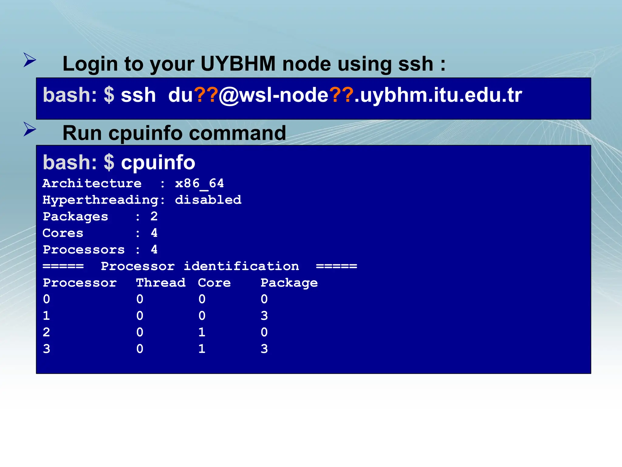  Login to your UYBHM node using ssh :
 Run cpuinfo command
bash: $ ssh du??@wsl-node??.uybhm.itu.edu.tr
bash: $ cpuinfo
Architecture : x86_64
Hyperthreading: disabled
Packages : 2
Cores : 4
Processors : 4
===== Processor identification =====
Processor Thread Core Package
0 0 0 0
1 0 0 3
2 0 1 0
3 0 1 3
 