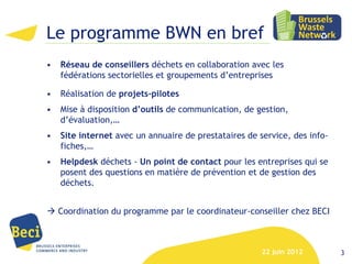 Le programme BWN en bref
•   Réseau de conseillers déchets en collaboration avec les
    fédérations sectorielles et groupements d’entreprises

•   Réalisation de projets-pilotes
•   Mise à disposition d’outils de communication, de gestion,
    d’évaluation,…
•   Site internet avec un annuaire de prestataires de service, des info-
    fiches,…
•   Helpdesk déchets - Un point de contact pour les entreprises qui se
    posent des questions en matière de prévention et de gestion des
    déchets.


 Coordination du programme par le coordinateur-conseiller chez BECI



                                                       22 juin 2012        3
 